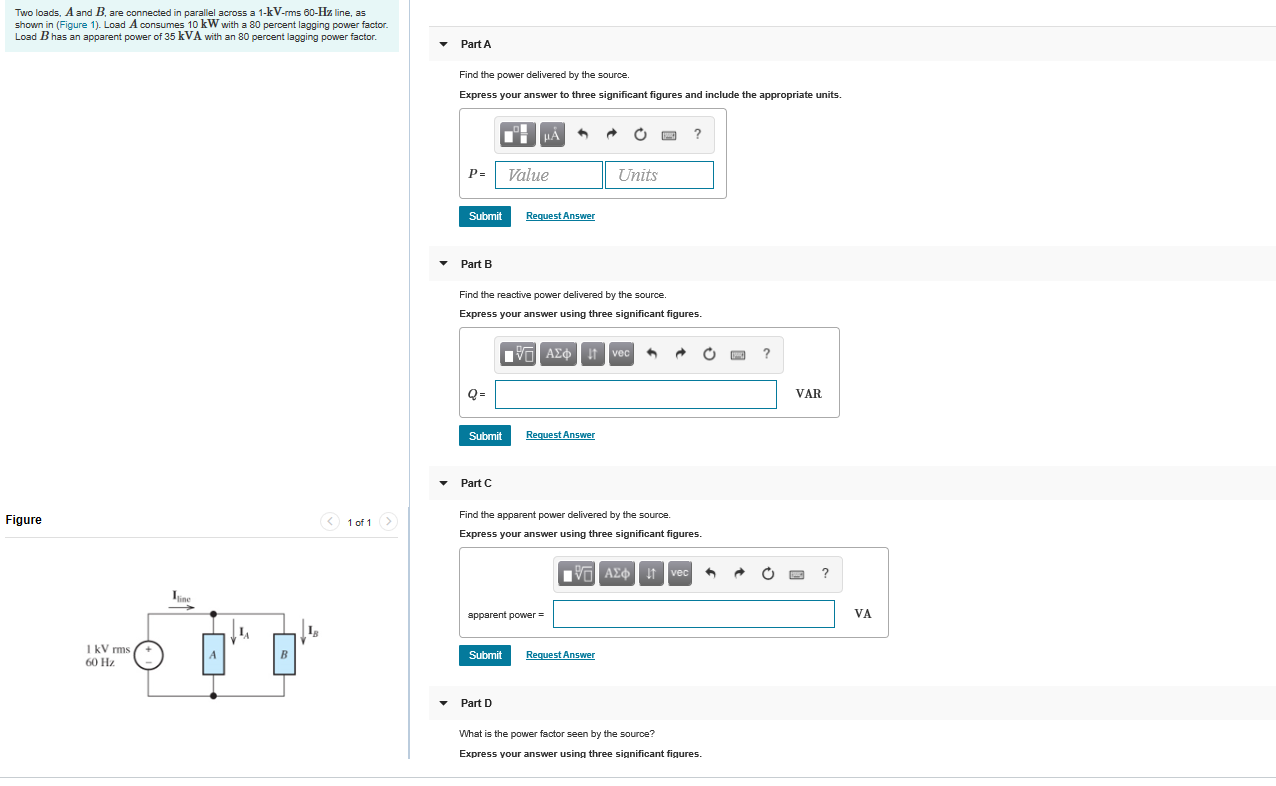 Solved Two loads, A and B are connected in parallel across a | Chegg.com