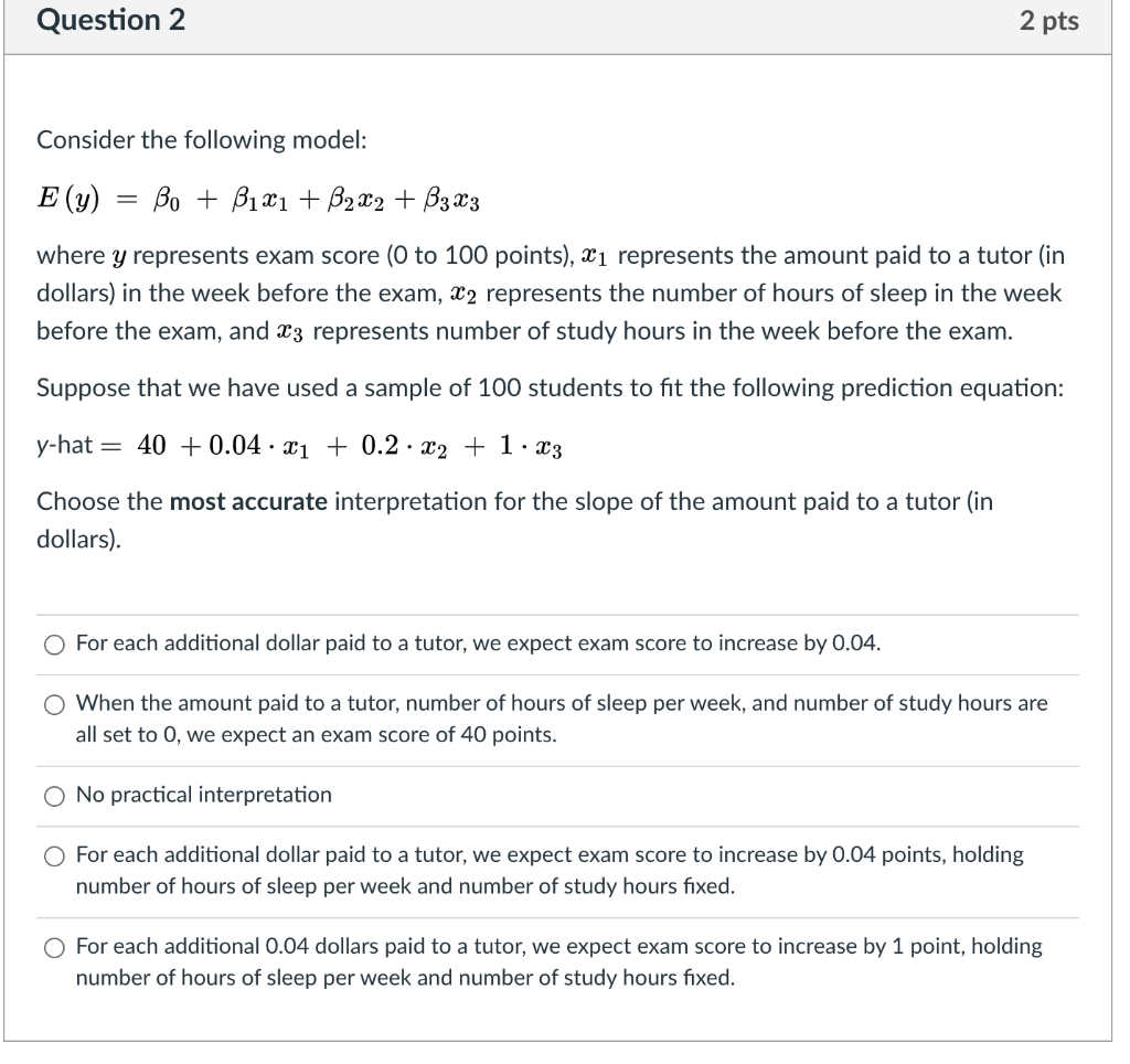 Solved Question 2 2 pts Consider the following model: E(y) | Chegg.com