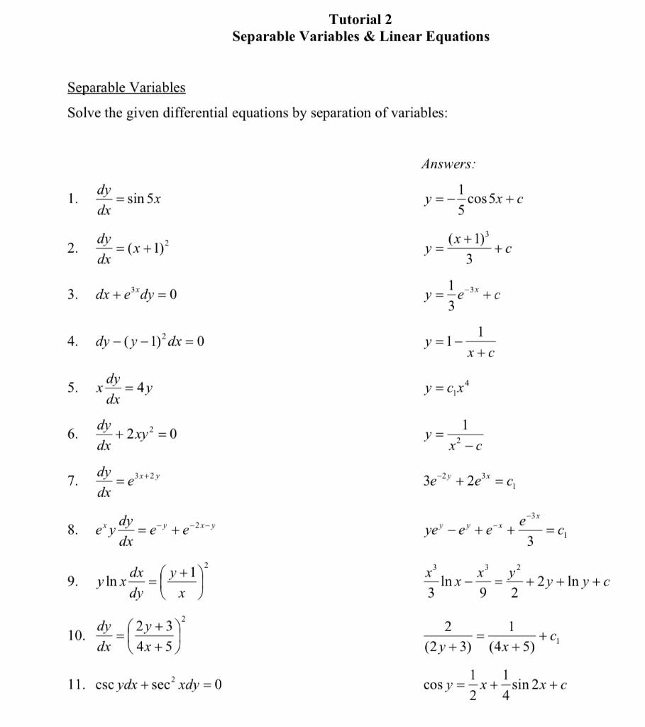 Solved Tutorial 2 Separable Variables & Linear Equations | Chegg.com