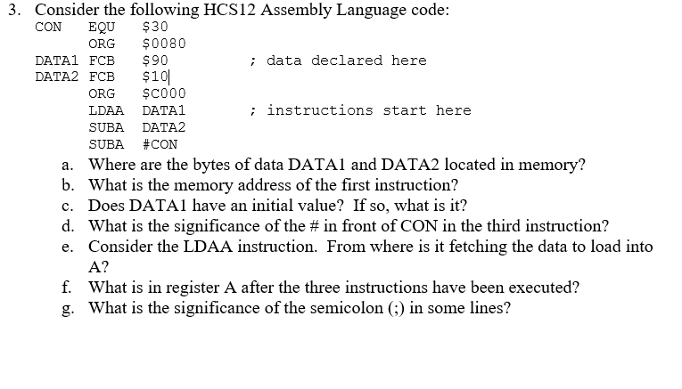 Solved 3. Consider The Following HCS12 Assembly Language | Chegg.com