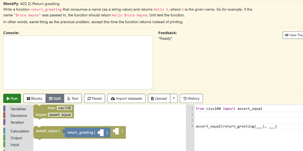 Solved BlockPy: #22.1) Print greeting Write a function | Chegg.com