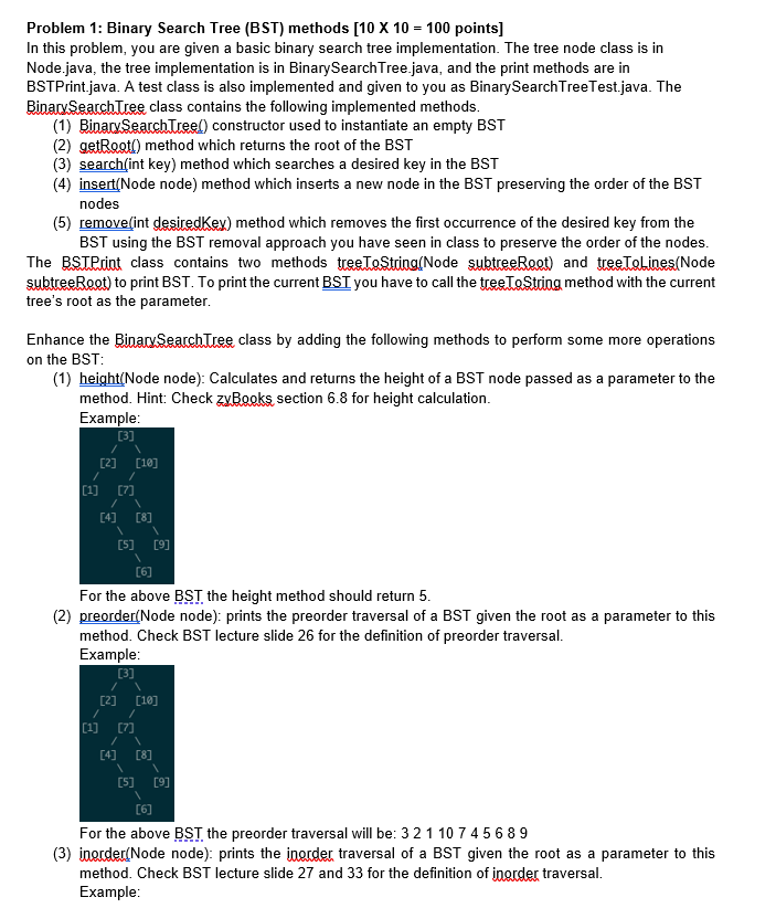 Solved Problem 1: Binary Search Tree (BST) methods [10 X 10 | Chegg.com