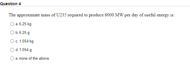 Solved Question 4 The approximate mass of U235 required to | Chegg.com