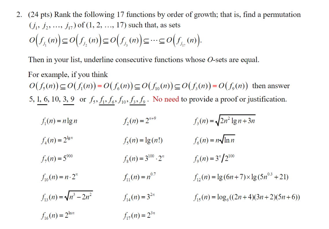 Solved (24 pts) Rank the following 17 functions by order of | Chegg.com