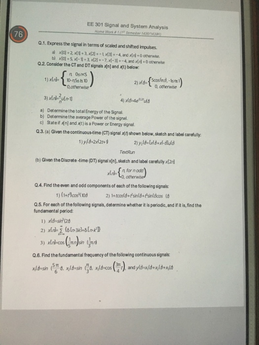 Solved EE 301 Signal And System Analysis 76 Q.1. Express The | Chegg.com