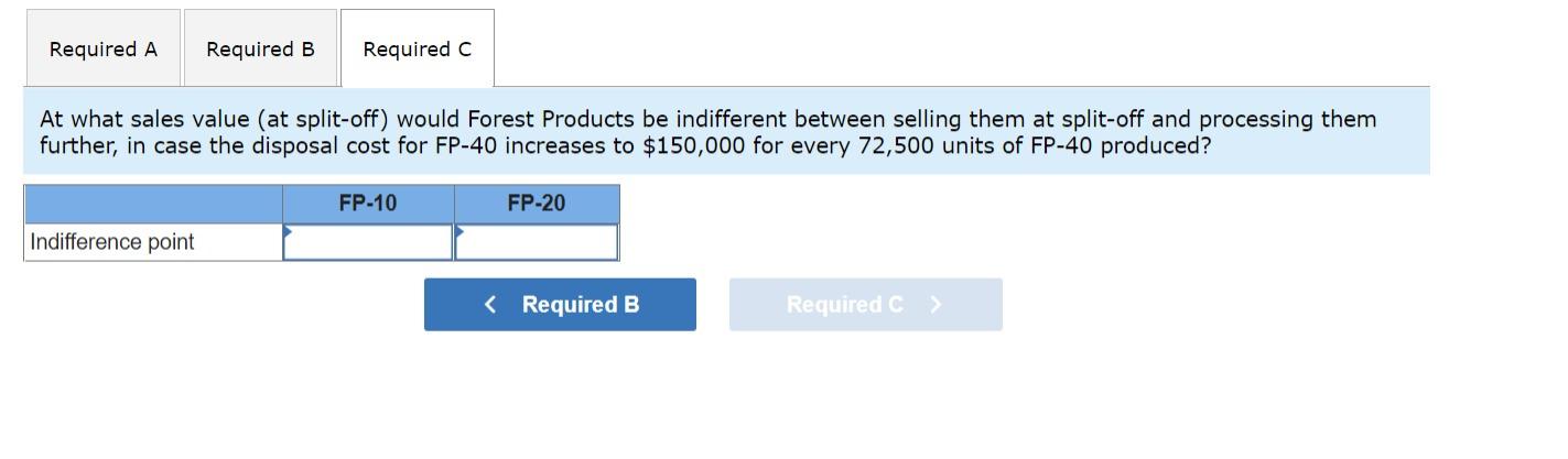 At what sales value (at split-off) would Forest Products be indifferent between selling them at split-off and processing them