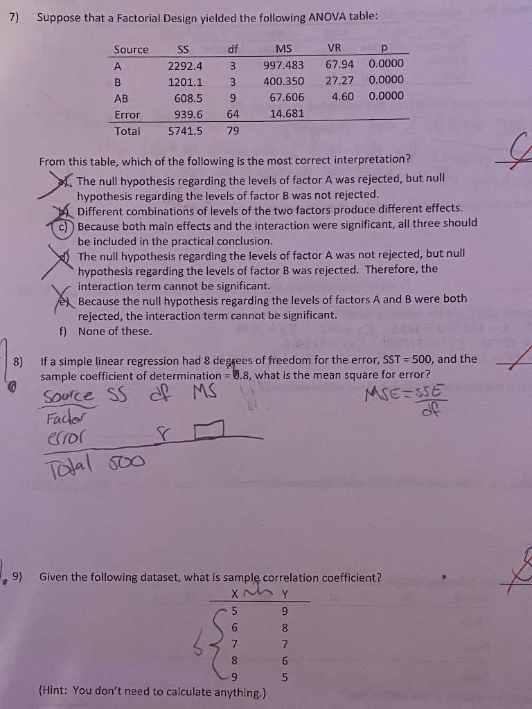Solved 7) Suppose that a Factorial Design yielded the | Chegg.com