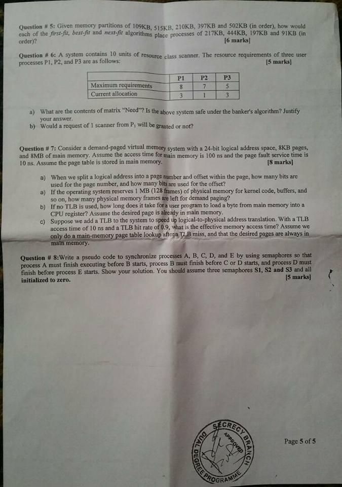 Solved Question 5 Given Memory Partitions Of 109kb 0475