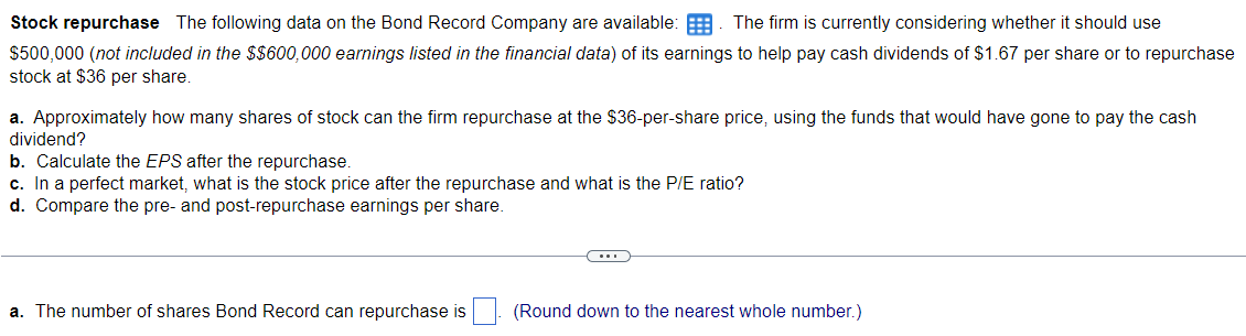 Solved Stock repurchase The following data on the Bond | Chegg.com