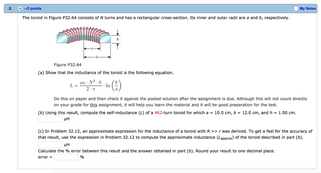 Solved 2 13 Points My Notes The Toroid In Figure P3264 4586