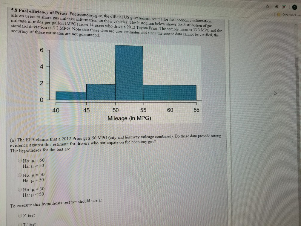 Solved Other bookma 3.8 Fuel efficiency of Prius: | Chegg.com