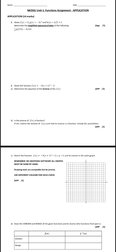 Solved Name: Date: MCR3U Unit 1: Functions Assignment - | Chegg.com