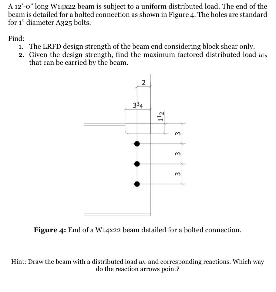 A 12-o long W14x22 beam is subject to a uniform distributed load. The end of the beam is detailed for a bolted connection a