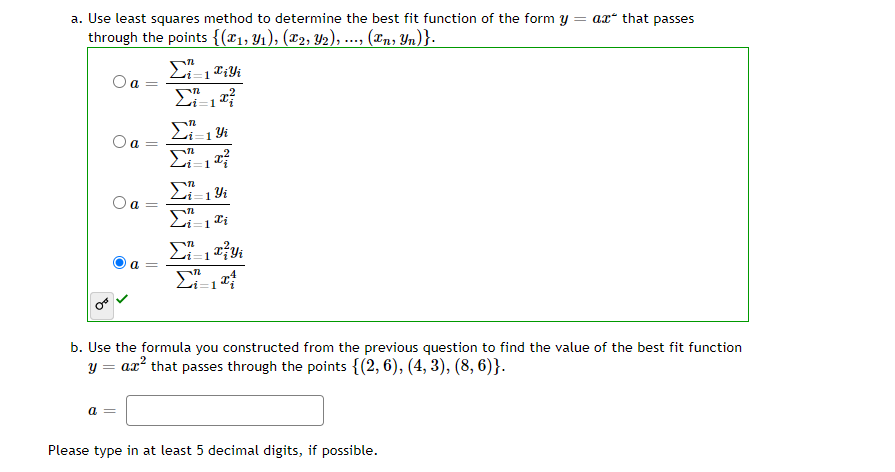 Solved a. Use least squares method to determine the best fit | Chegg.com