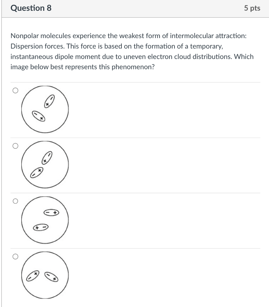 Question 8
5 pts
Nonpolar molecules experience the weakest form of intermolecular attraction:
Dispersion forces. This force i