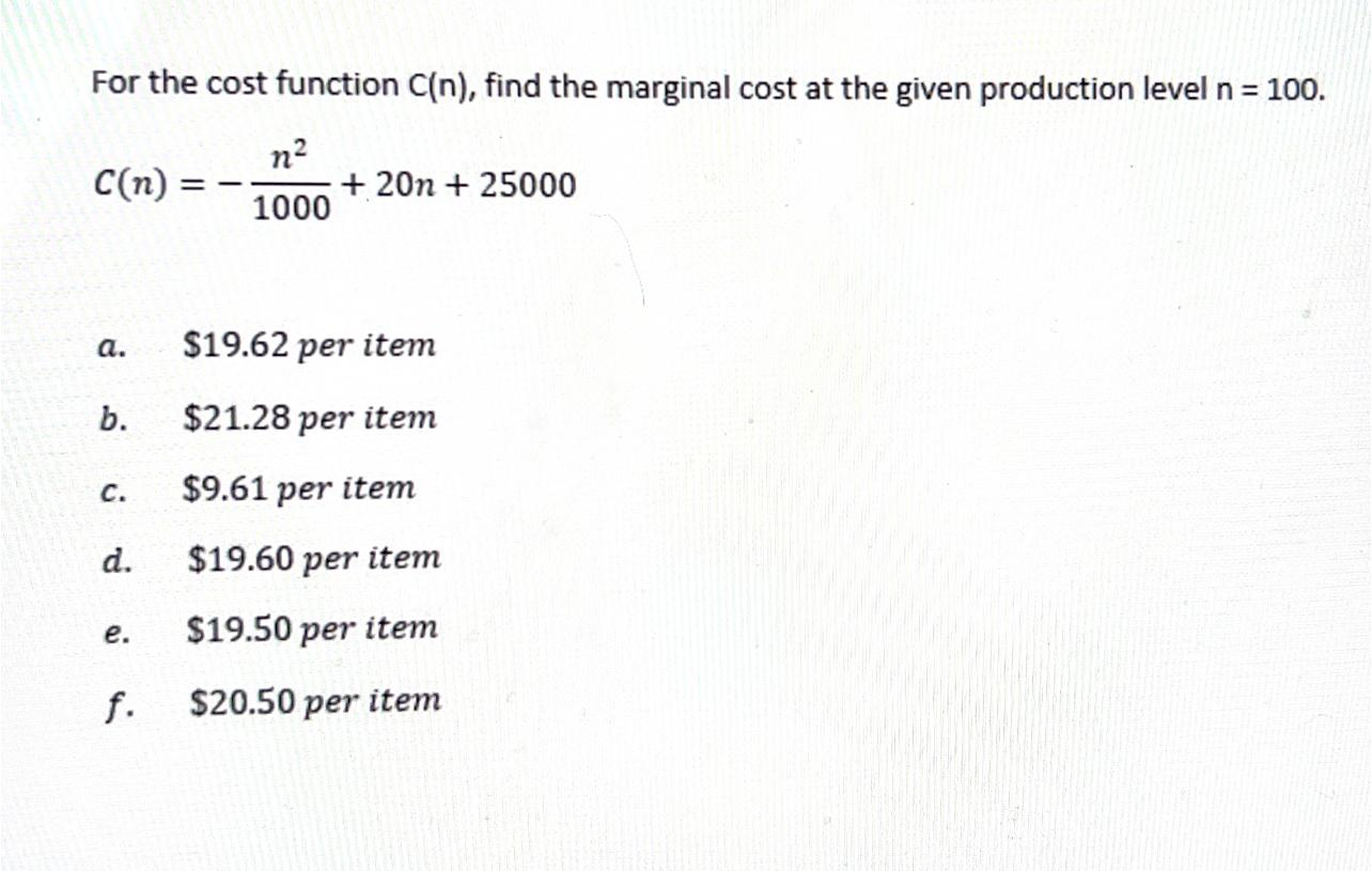Solved For the cost function C(n), find the marginal cost at | Chegg.com