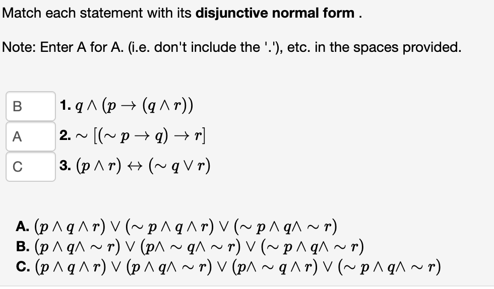 Match each statement with its disjunctive normal form | Chegg.com