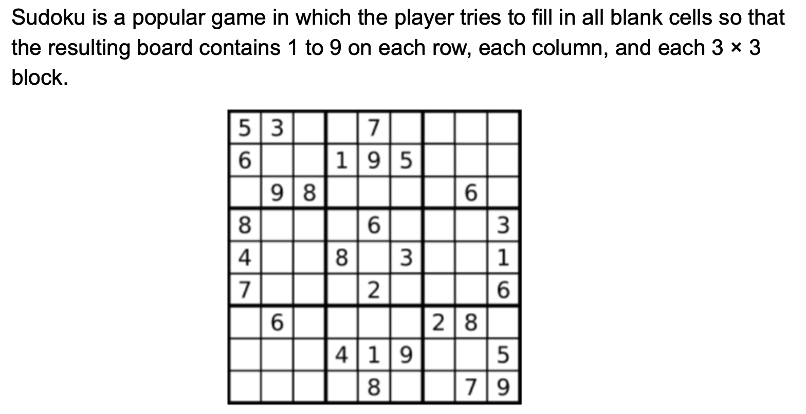 Sudoku is a popular game in which the player tries to fill in all blank cells so that the resulting board contains 1 to 9 on