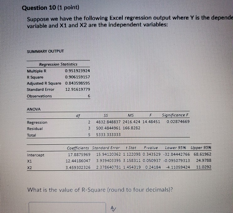 Solved Question 10 (1 point) Suppose we have the following | Chegg.com