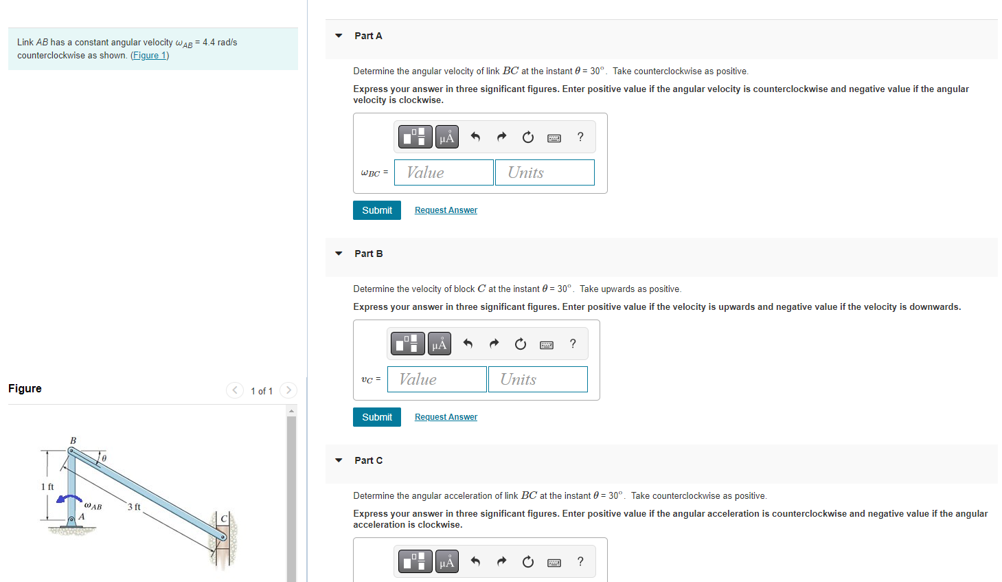 Solved Link AB has a constant angular velocity ωAB=4.4rad/s | Chegg.com