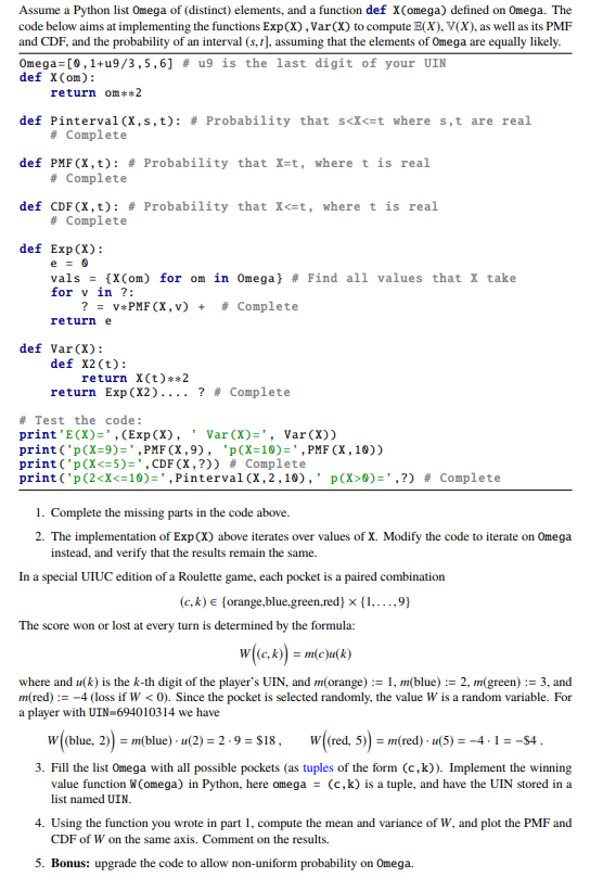 Assume a Python list Omega of (distinct) elements, | Chegg.com