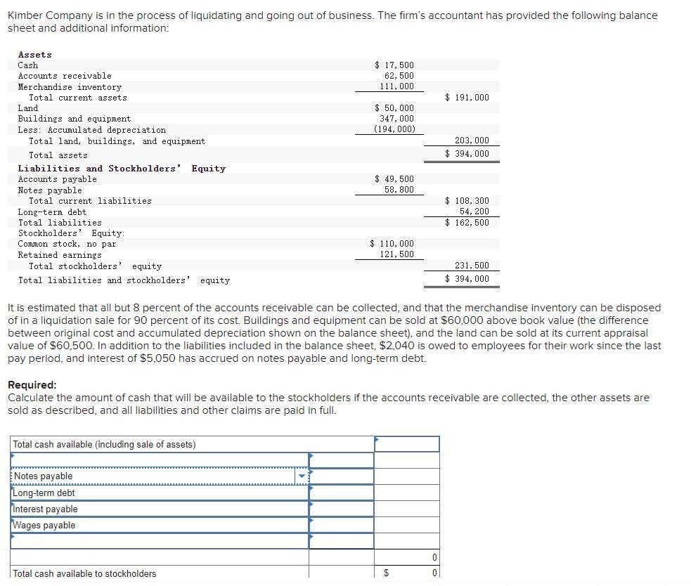 Solved Kimber Company is in the process of liquidating and | Chegg.com