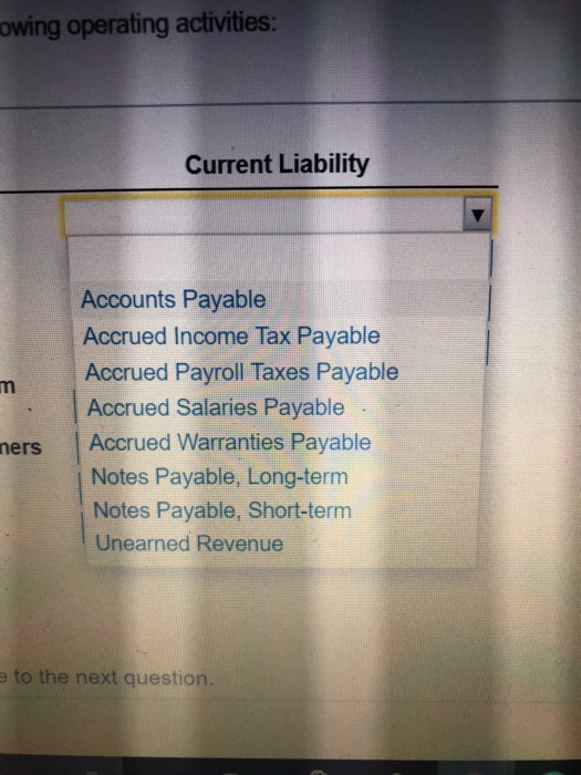 Solved Current Liability Operating Activity Perform work on | Chegg.com
