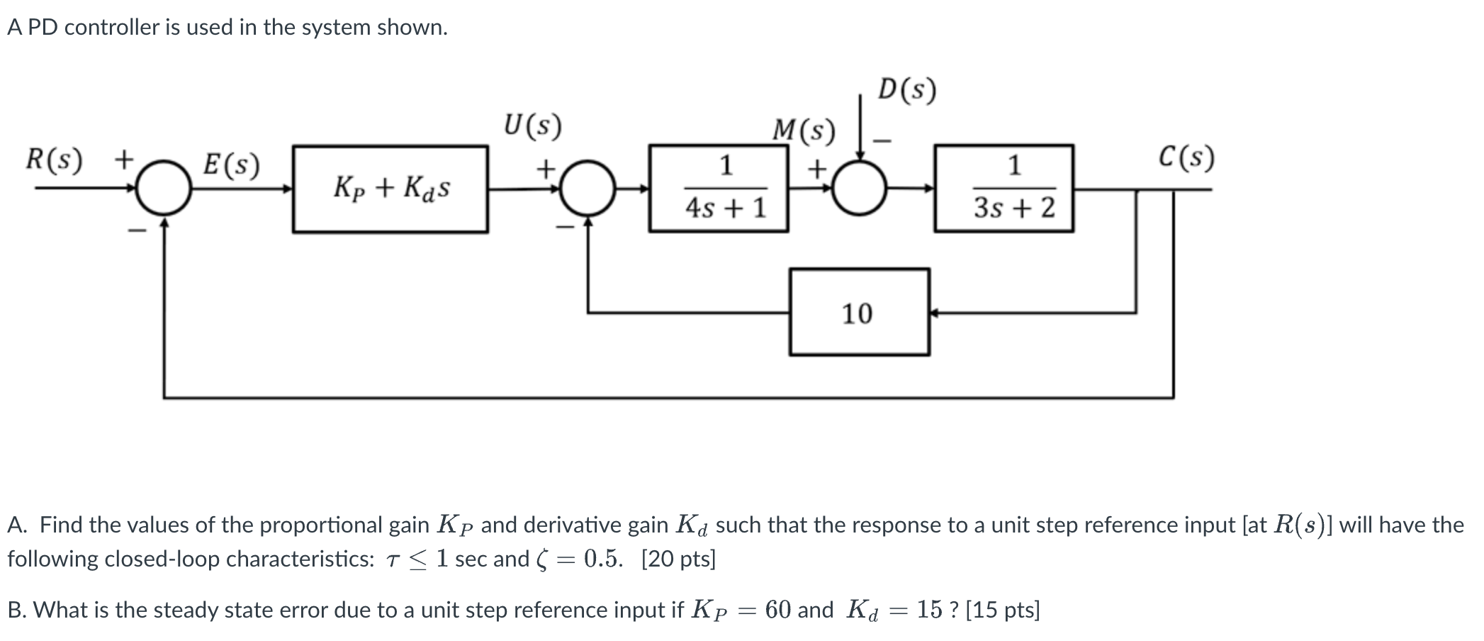 A PD controller is used in the system shown.
A. Find the values of the proportional gain \( K_{P} \) and derivative gain \( K