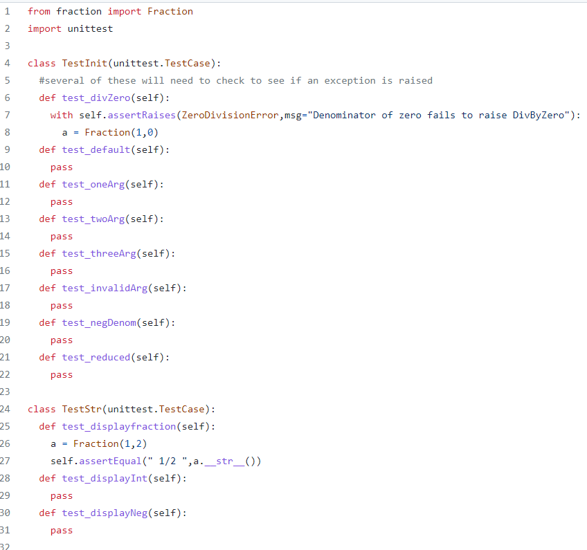 Solved Unit tests-Python DO NOT IMPLEMENT fraction.py file! | Chegg.com