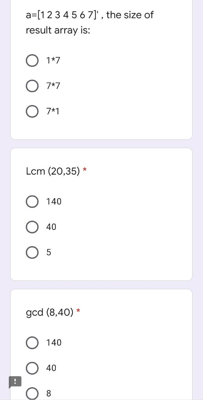 Solved a=[1 2 3 4 5 6 7]', the size of result array is: 1*7 | Chegg.com
