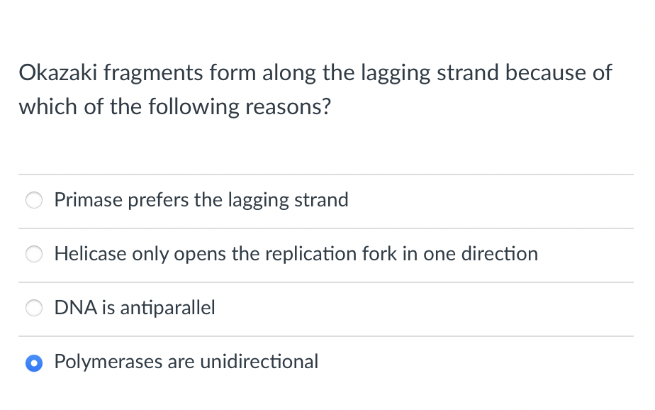 Solved Okazaki fragments form along the lagging strand | Chegg.com