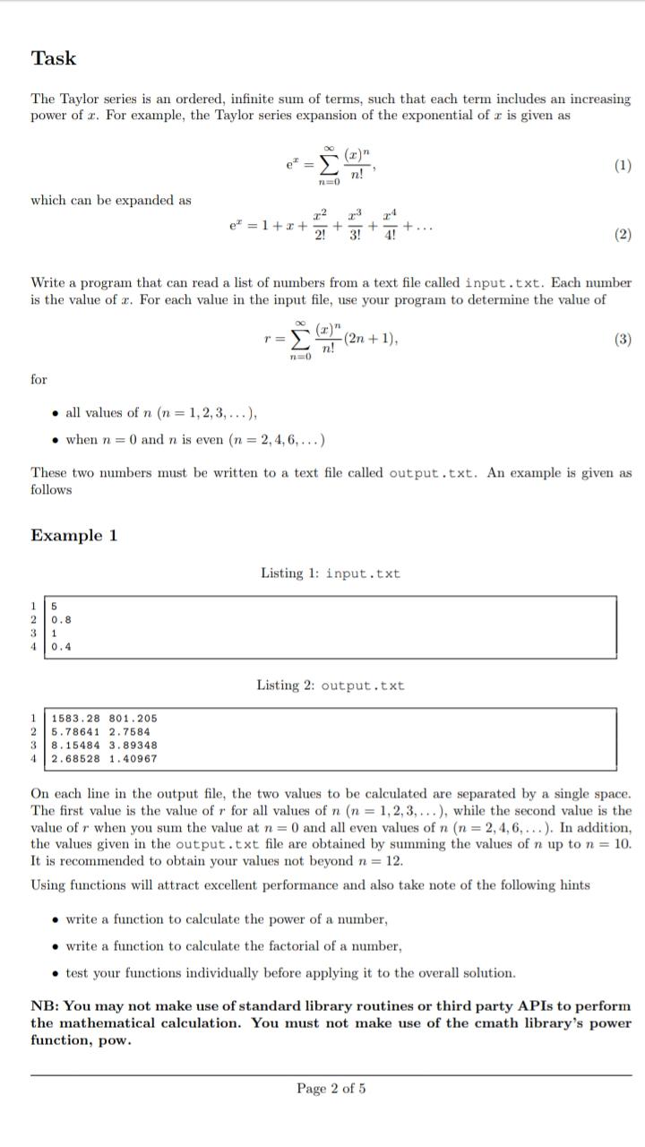 Solved Task The Taylor series is an ordered, infinite sum of | Chegg.com