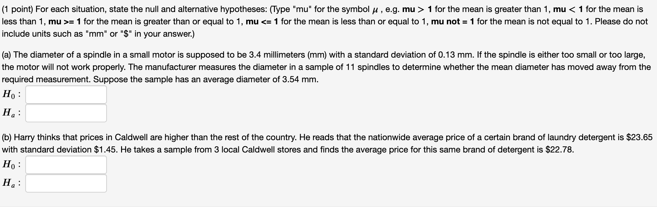 Solved ( 1 point) For each situation, state the null and | Chegg.com