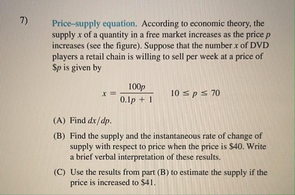 Solved 7) Pricesupply equation. According to economic