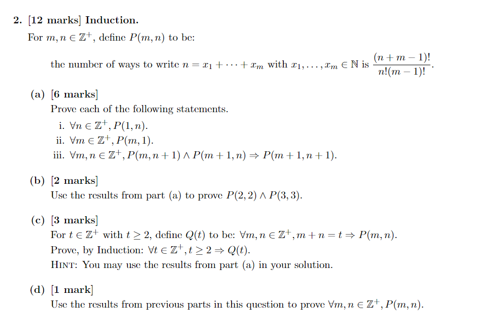 2. (12 marks] Induction. For m, n e Z+, define P(m, | Chegg.com