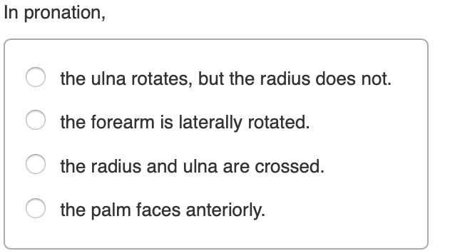 Solved In pronation, the ulna rotates, but the radius does | Chegg.com