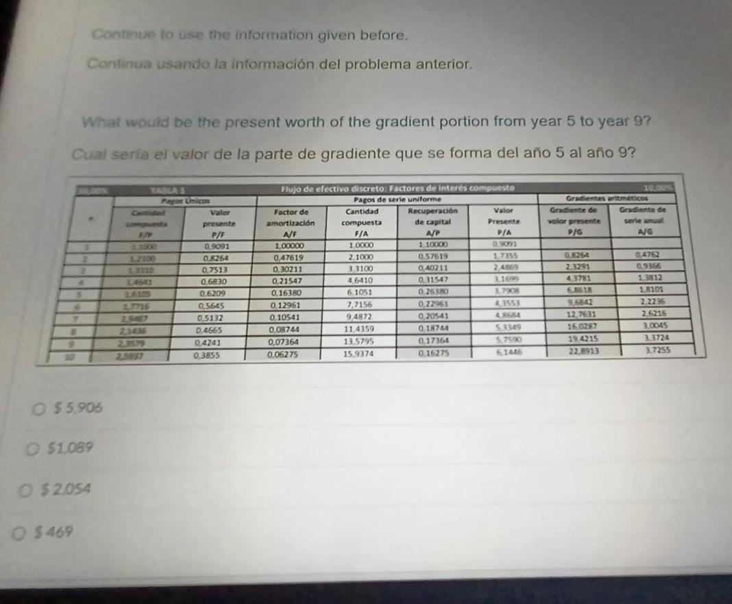 Continue to use the information given before. Continua usando la información del problema anterior. What would be the present