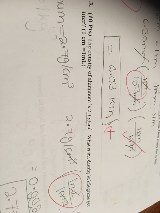 Solved (10 Pts) The density of aluminum is 2.7 g/cm. What is