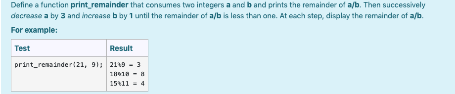 Solved Define a function print_remainder that consumes two | Chegg.com