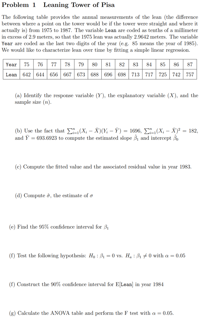 Solved Problem 1 Leaning Tower Of Pisa The Following Tabl Chegg Com