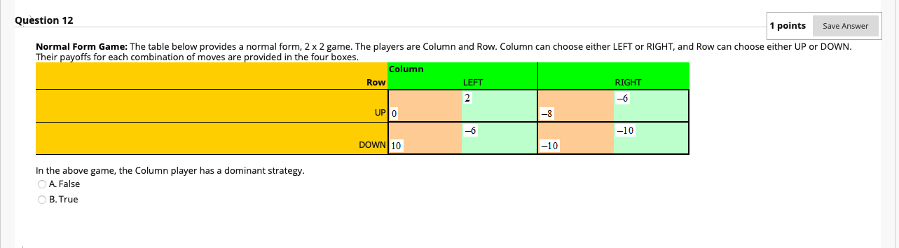 Solved Question 12 1 points Save Answer Normal Form Game: | Chegg.com