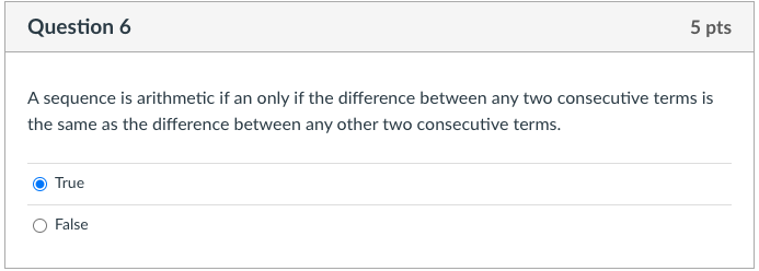 A sequence is arithmetic if an only if the difference between any two consecutive terms is the same as the difference between