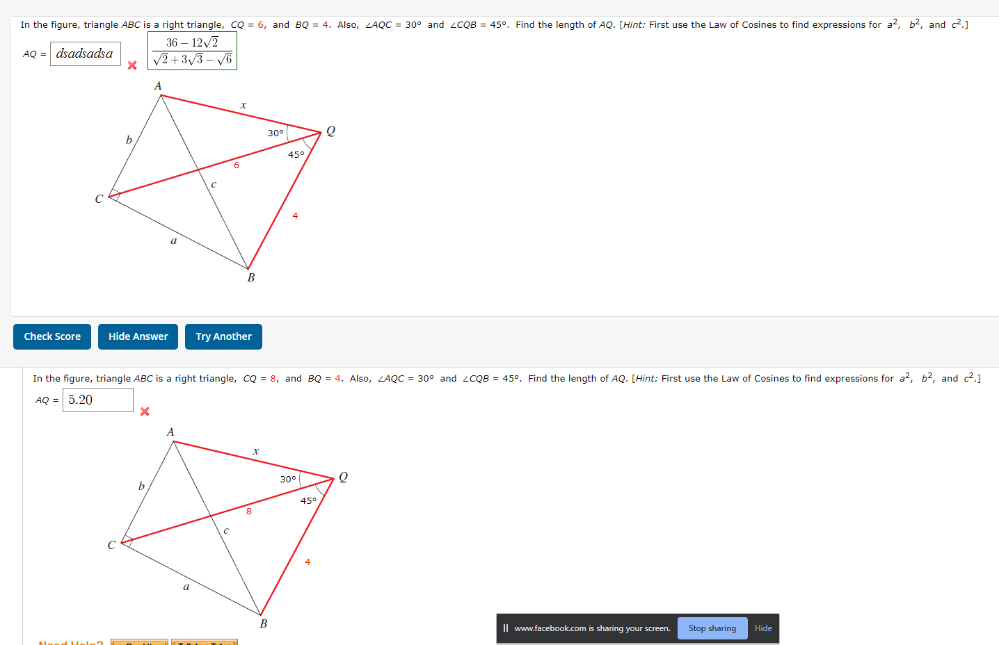 Solved In the figure, triangle ABC is a right triangle, CQ = | Chegg.com