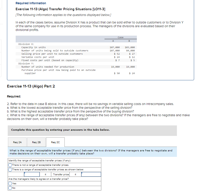 Solved Exercise 11-13 (Algo) Transfer Pricing Situations | Chegg.com