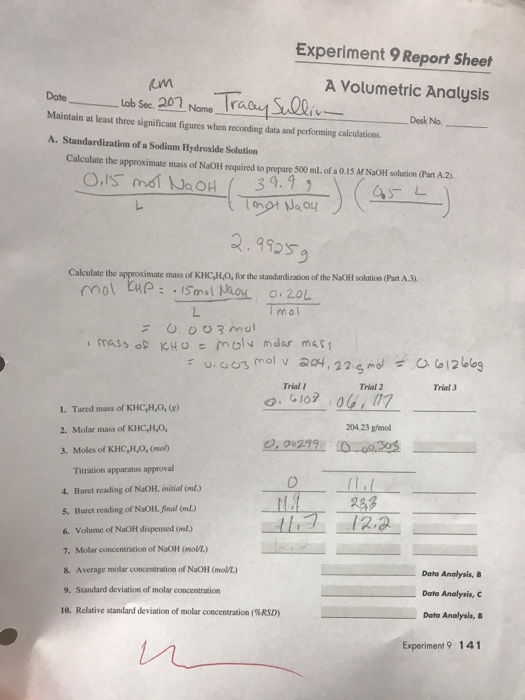 Solved Experiment 9 Report Sheet A Volumetric Analysis