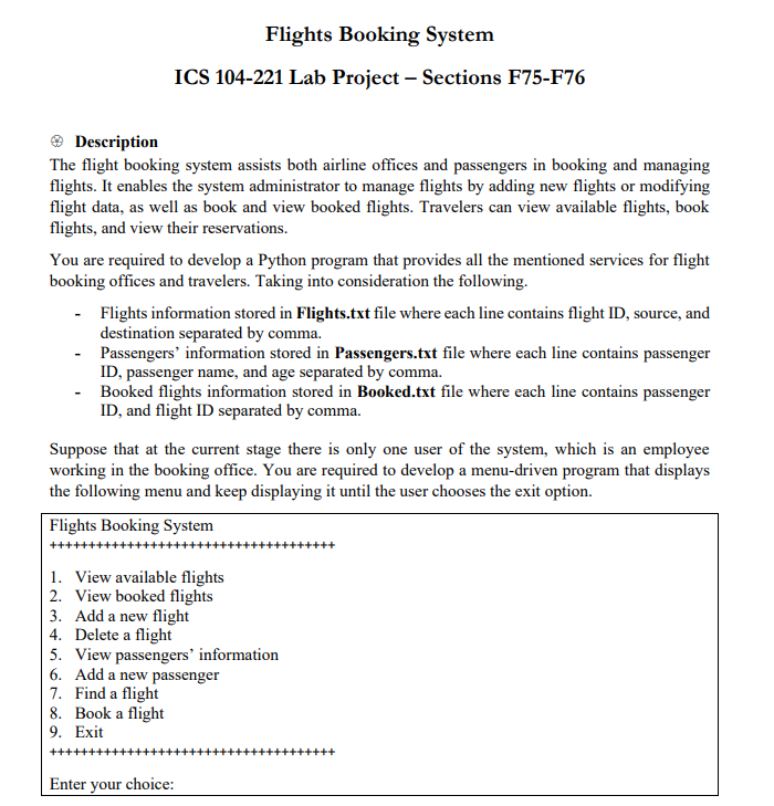 Solved ⊗ Description The flight booking system assists both | Chegg.com
