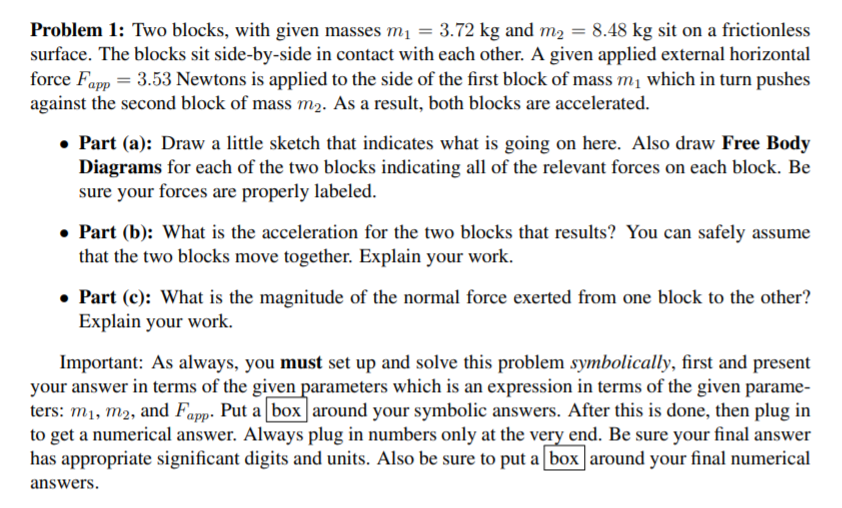 Solved Problem 1: Two blocks, with given masses m1 = 3.72 kg | Chegg.com