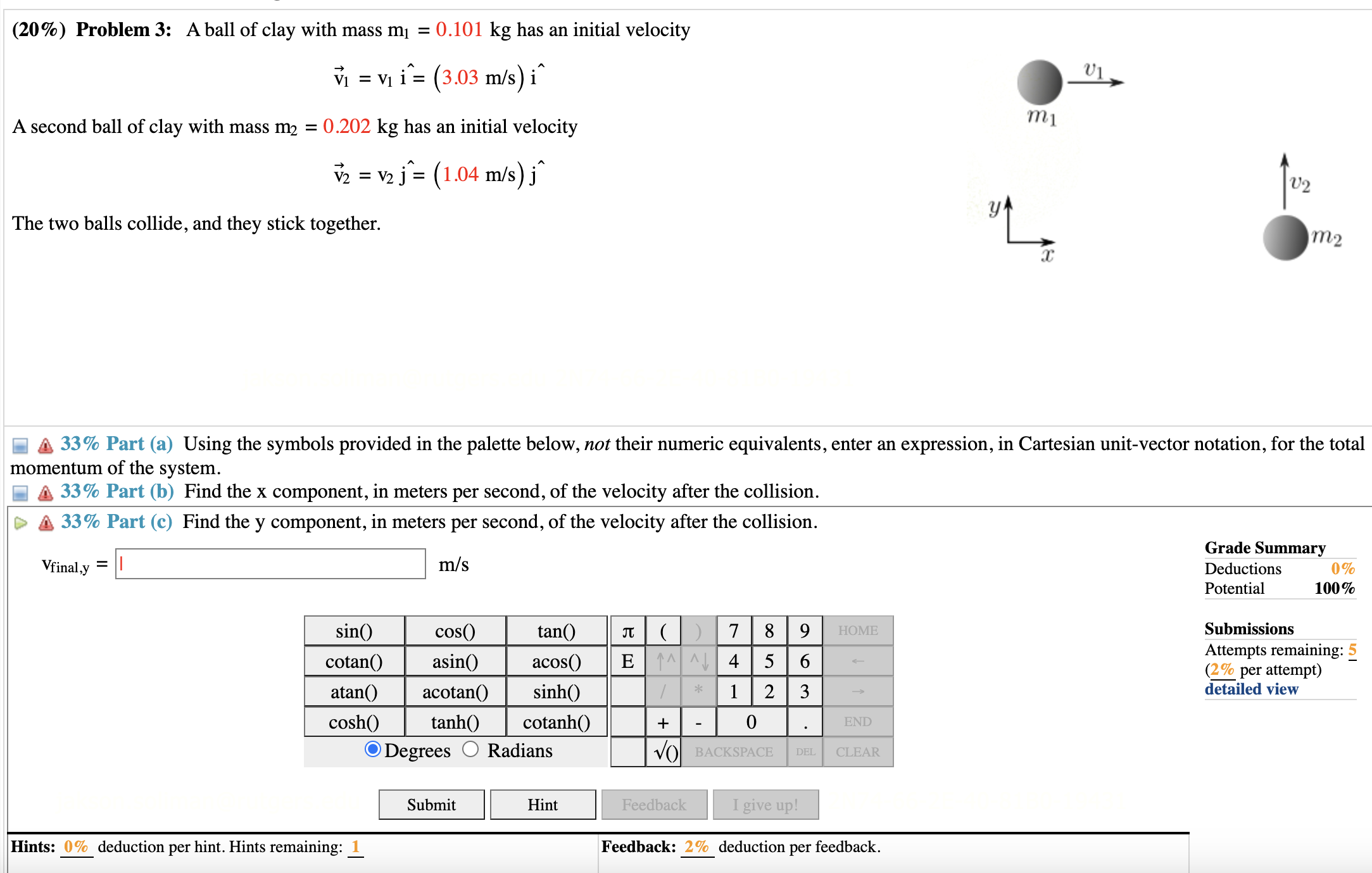 Solved (20\%) Problem 3: A ball of clay with mass m1=0.101 | Chegg.com