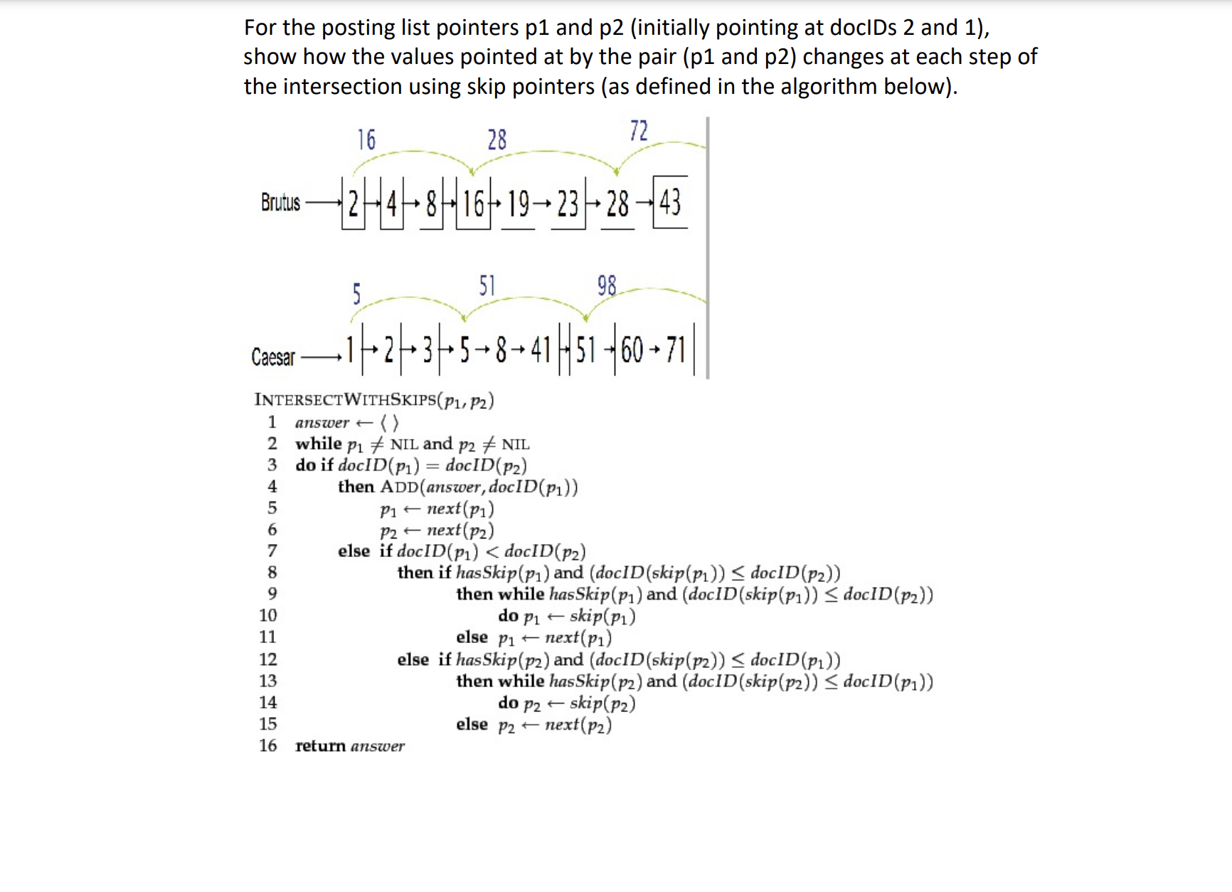 Solved For the posting list pointers p1 ﻿and p2 (initially | Chegg.com