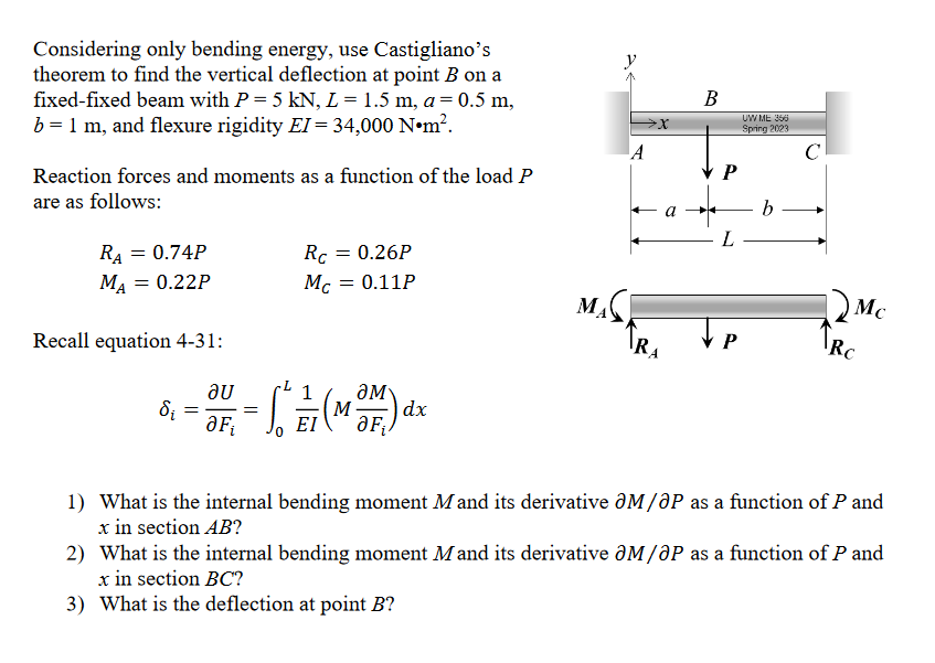 Solved Considering only bending energy, use Castigliano's | Chegg.com